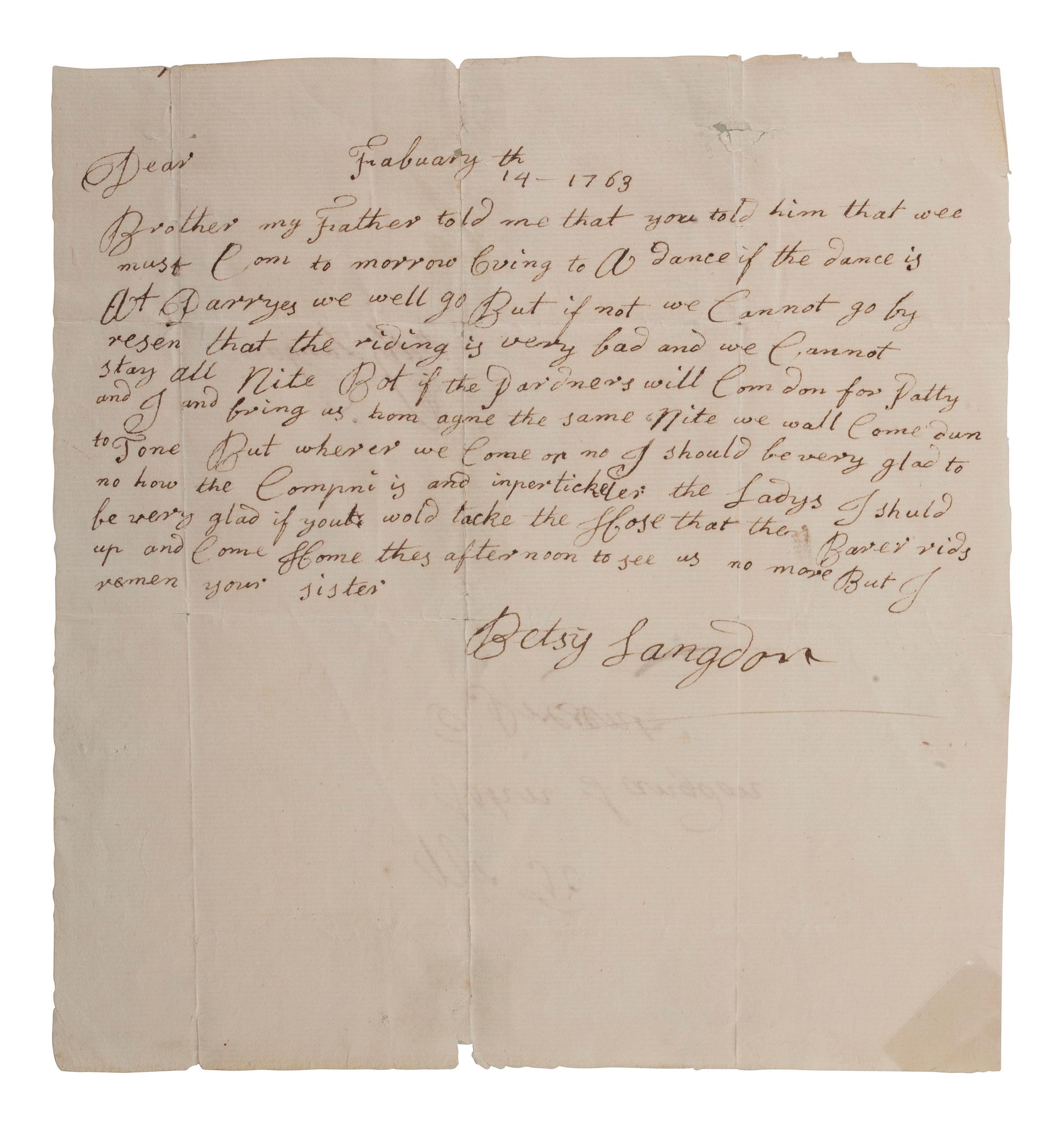 [SIGNER]. LANGDON, John (1741-1819). Letter signed ("John Langdon"). Portsmouth, NH. 16 July 1762. [ With: ] LANGDON, Betsy. ALS 1763.