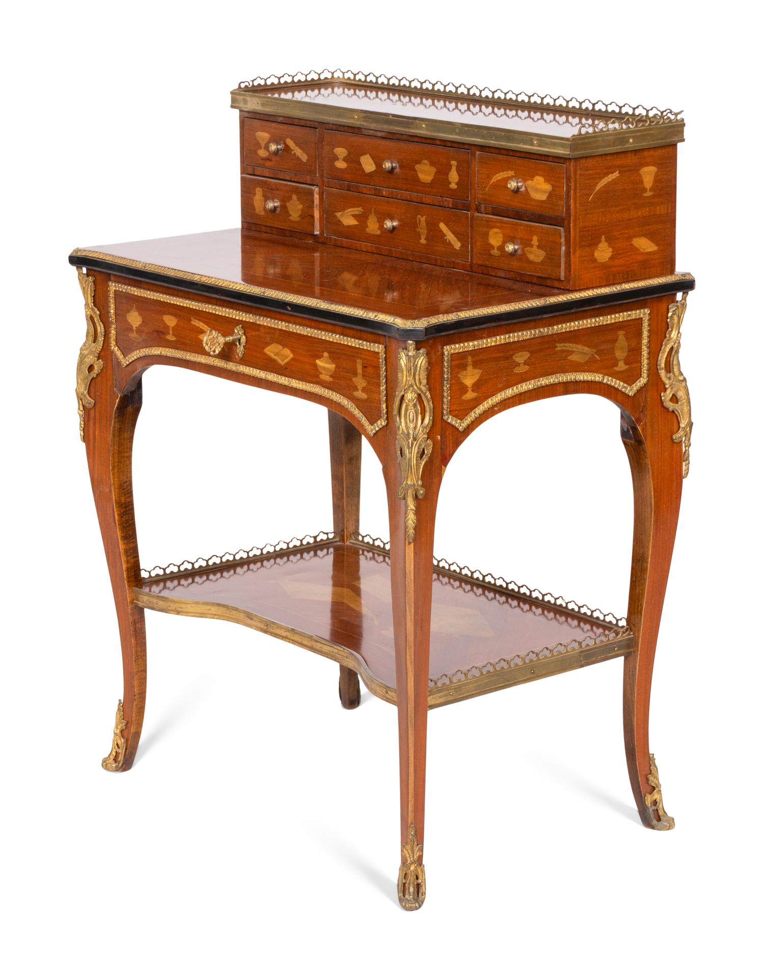 A Louis XV Style Gilt Bronze Mounted Marquetry Bonheur Du Jour