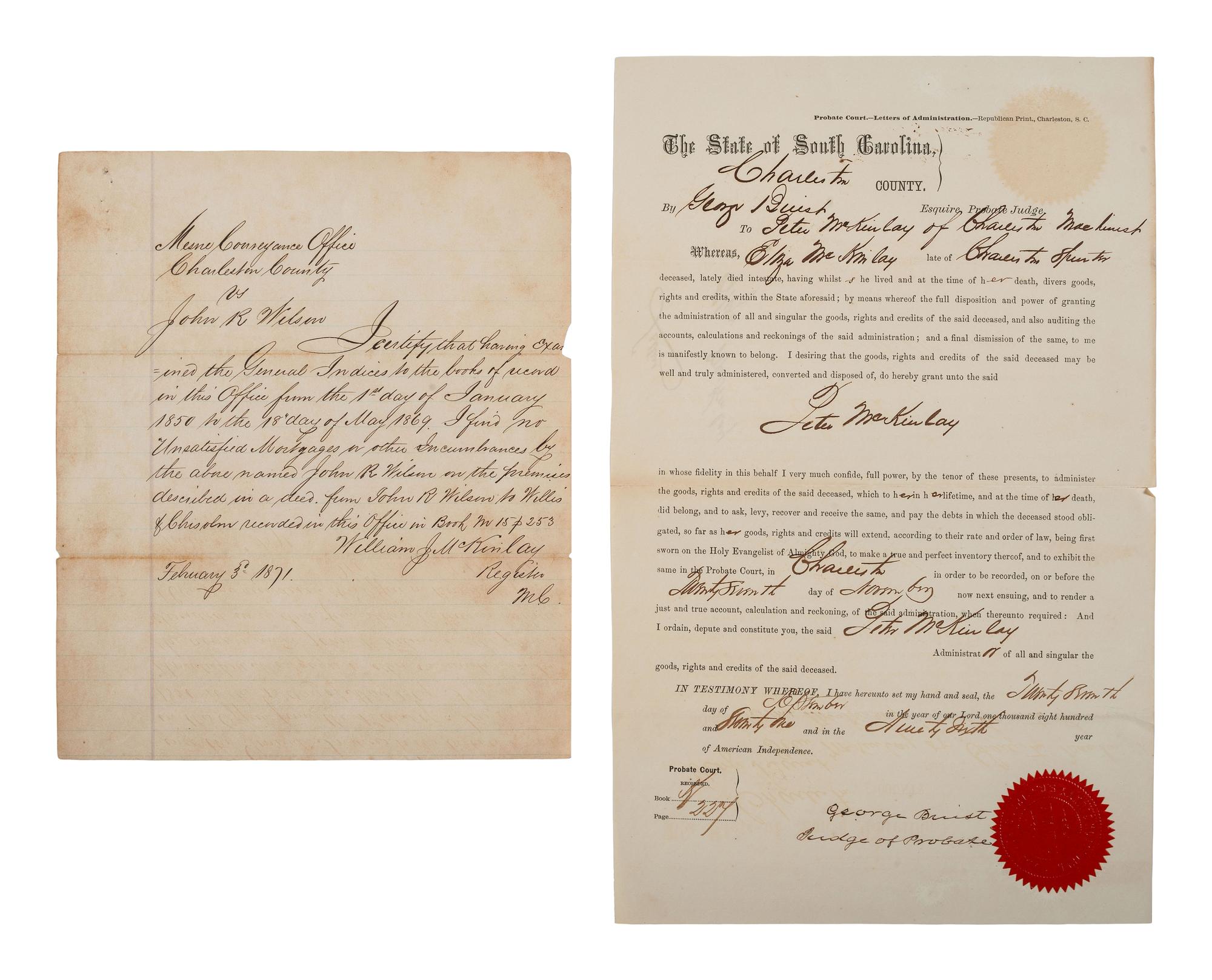 [RECONSTRUCTION]. A group of documents related to the McKinlay family of South Carolina, incl. Whitefield J. McKinlay, one of the wealthiest Black businessmen in the United States in the early twentieth century.