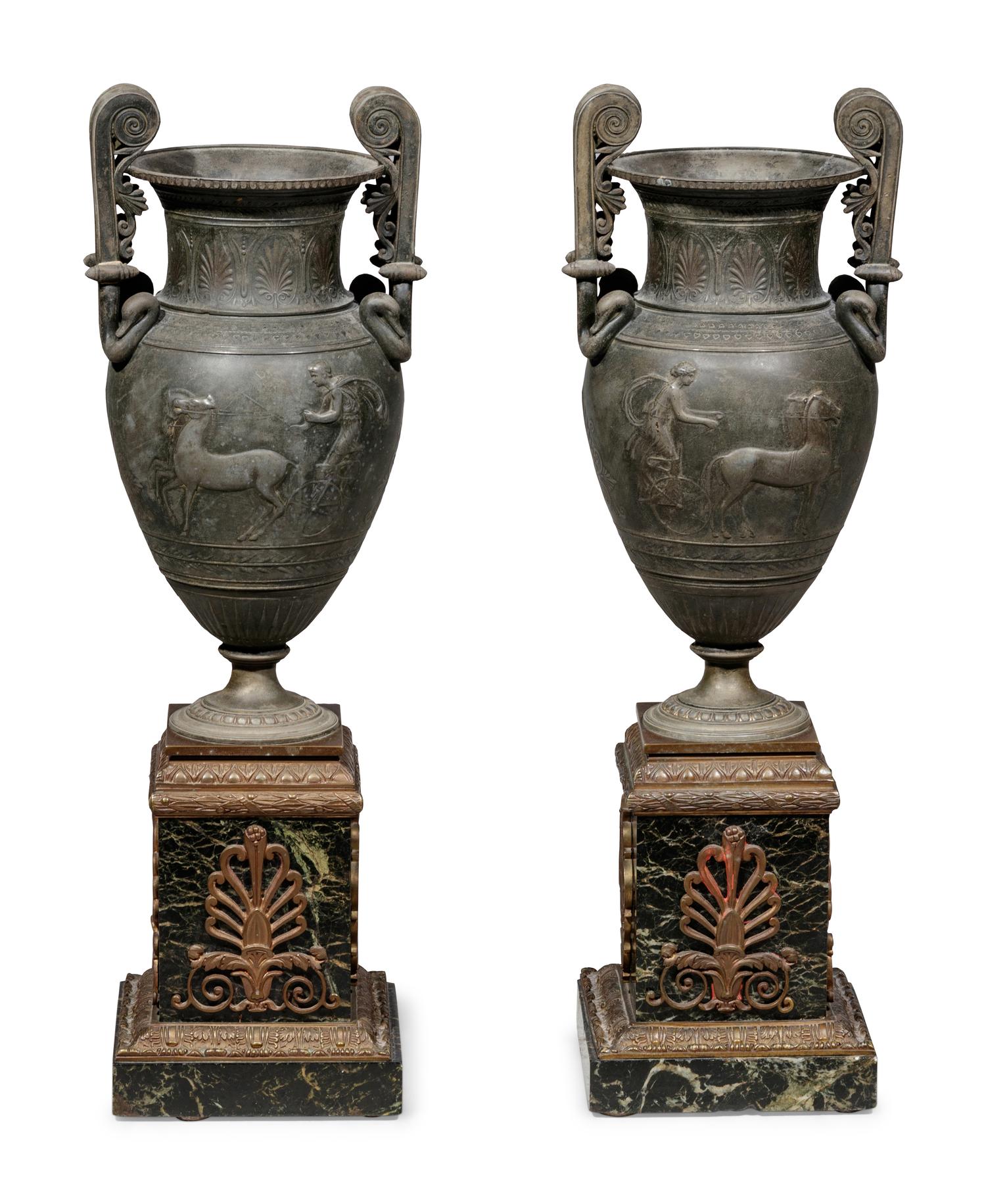 A Pair of Empire Style Patinated Metal and Marble Urns