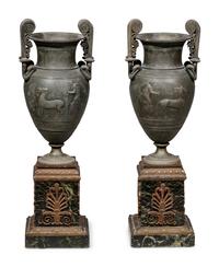 A Pair of Empire Style Patinated Metal and Marble Urns
