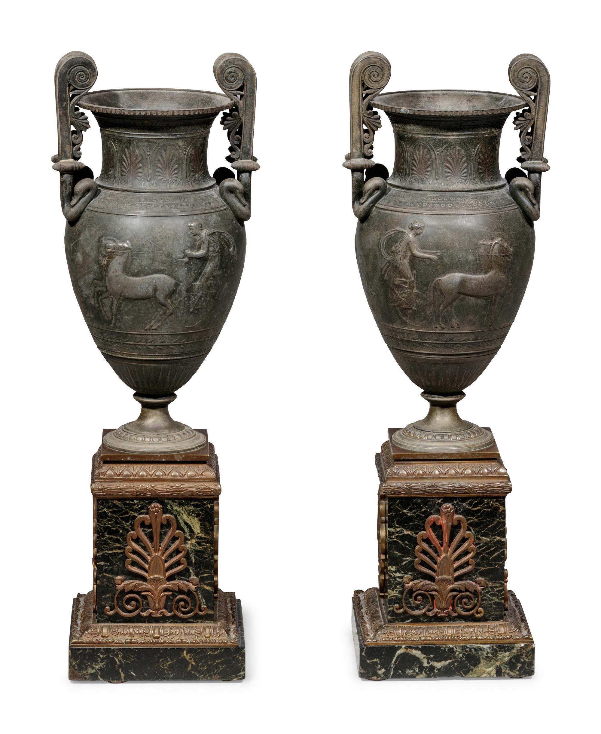A Pair of Empire Style Patinated Metal and Marble Urns