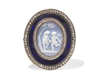 A Brass, Guilloché Enamel and Marcasite Brooch with Inset Wedgwood Jasperware Cameo Buckle