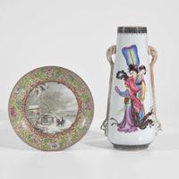 A Chinese enameled eggshell porcelain "Winter Landscape" dish, signed Yu Wenxiang, and a vase 薄胎瓷盘及人物画瓷瓶 20th century ????
