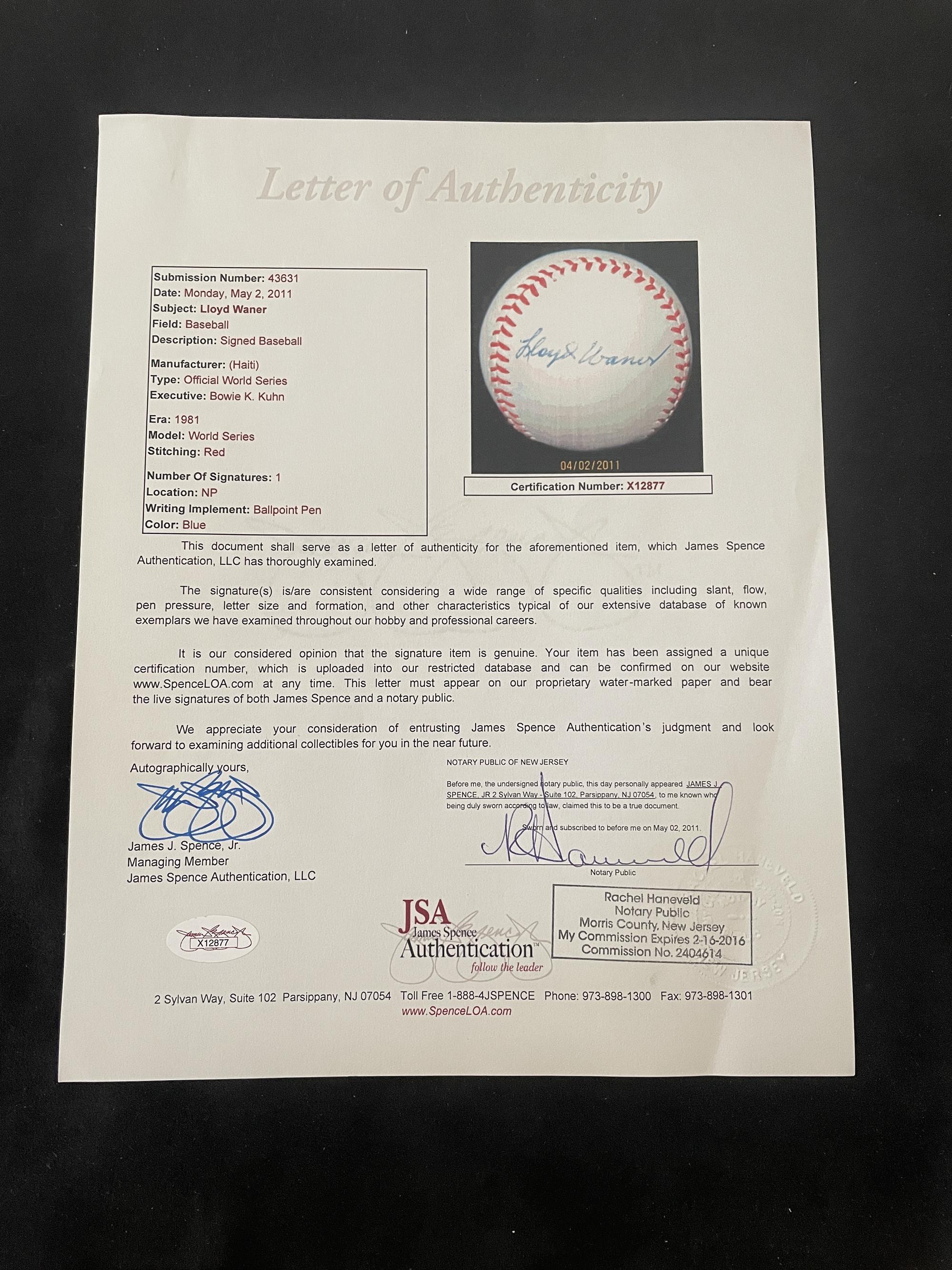 A Lloyd Waner Single Signed Autograph Baseball (JSA Letter)