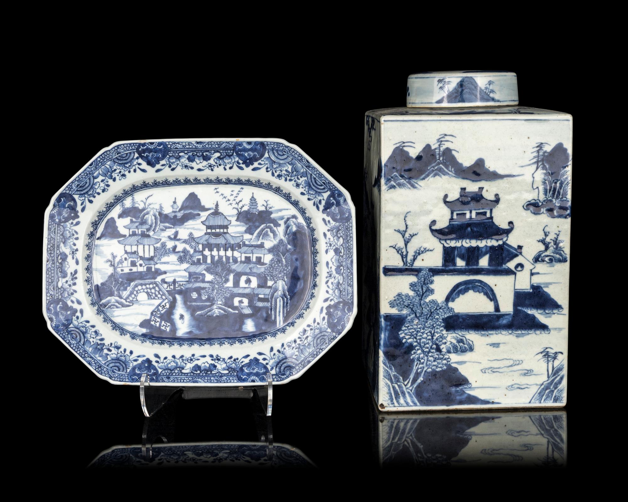 Two Chinese Export Blue and White Porcelain 'Landscape' Wares