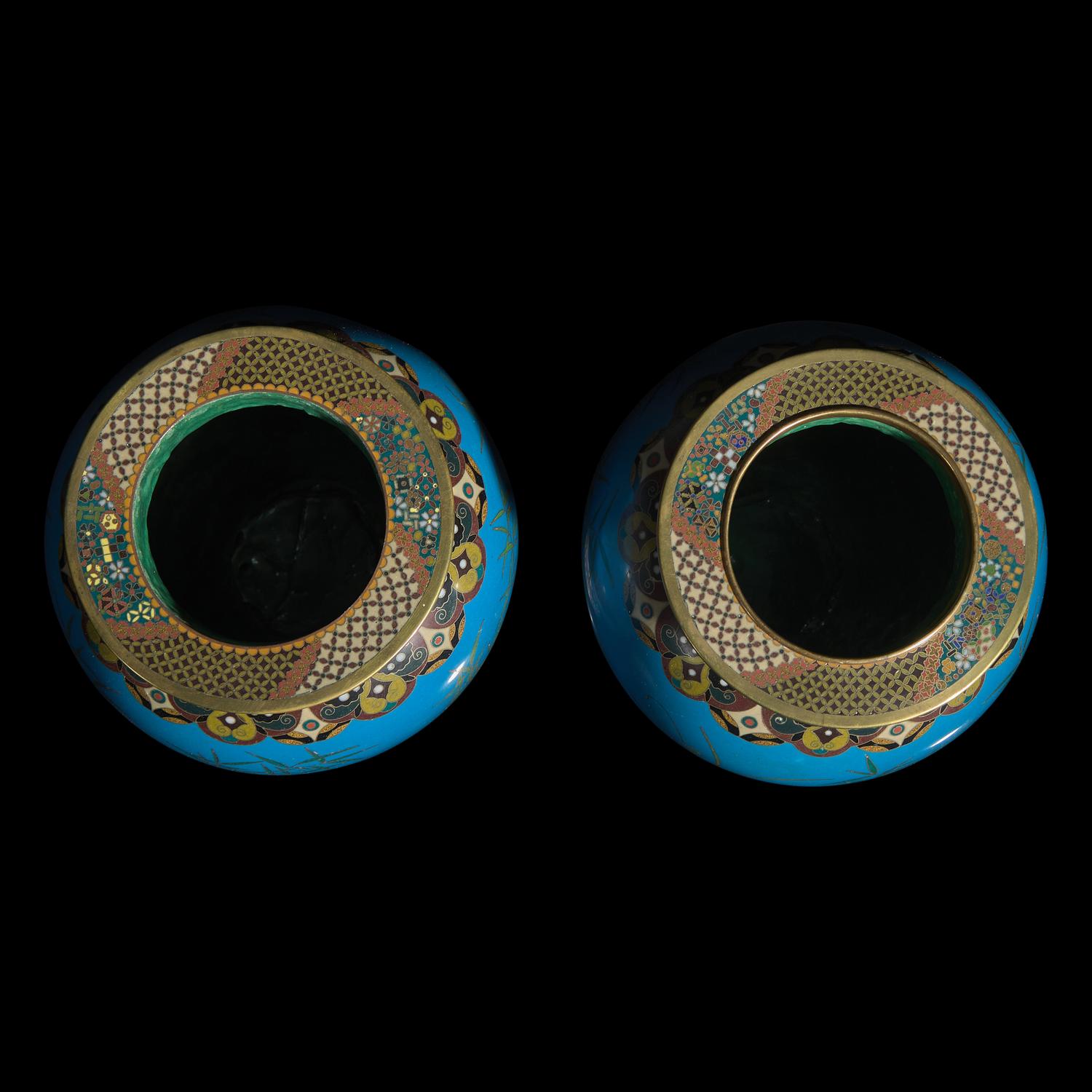 A Pair of Japanese Turquoise Ground Cloisonné 'Pheasant' Vases, Meiji Period