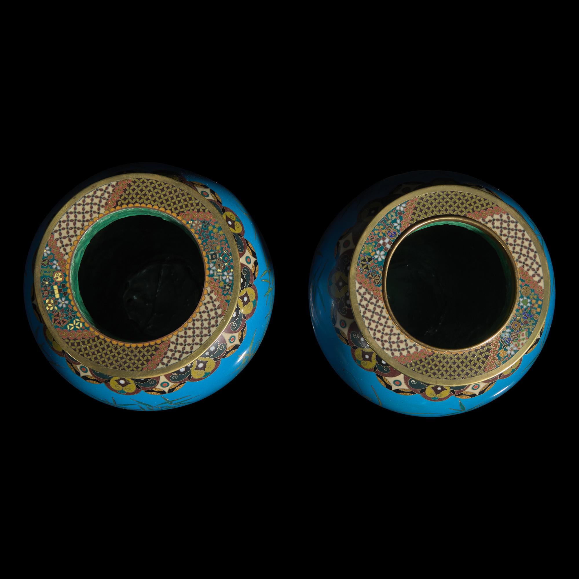 A Pair of Japanese Turquoise Ground Cloisonné 'Pheasant' Vases, Meiji Period