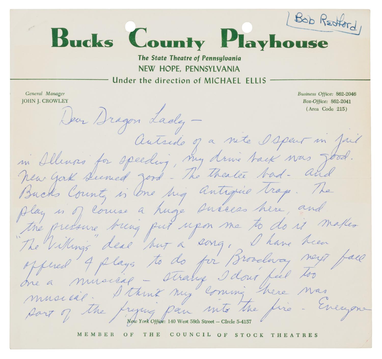 REDFORD, Robert (b.1936). Autograph letter signed ("Robert"), to his agent Ms. Monique James. N.p., [ca 1961-1962].