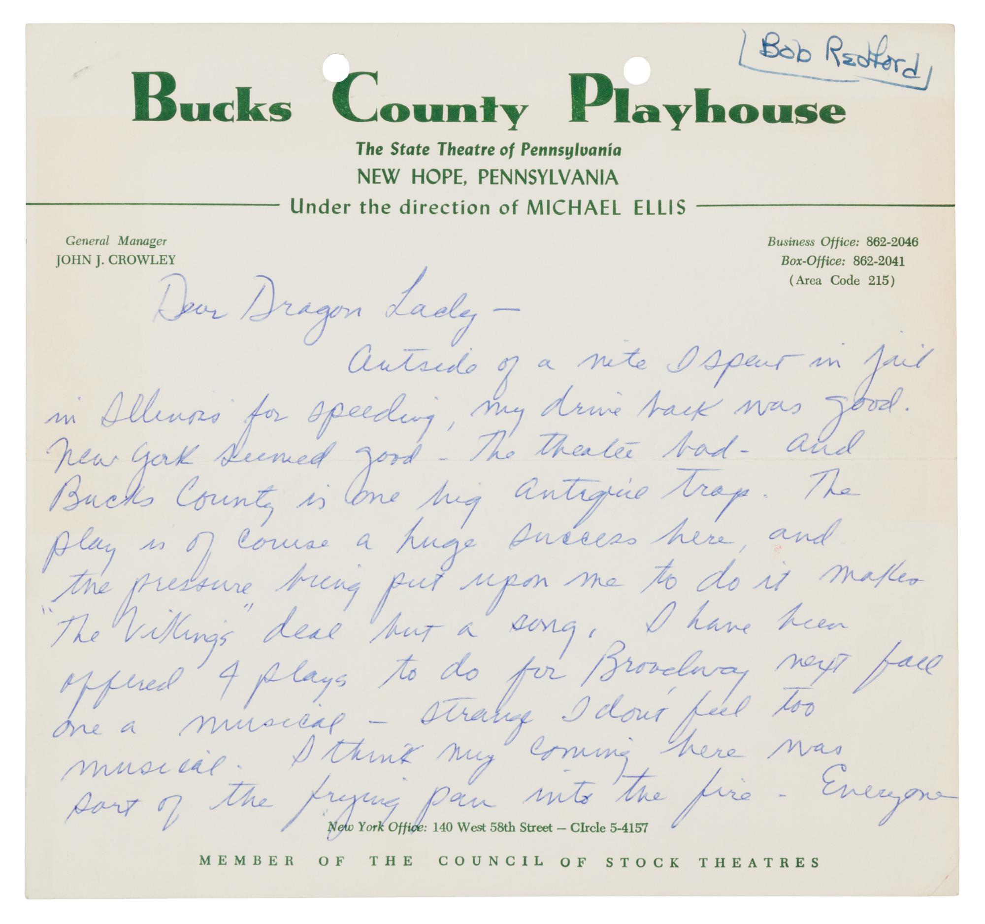 REDFORD, Robert (b.1936). Autograph letter signed ("Robert"), to his agent Ms. Monique James. N.p., [ca 1961-1962].