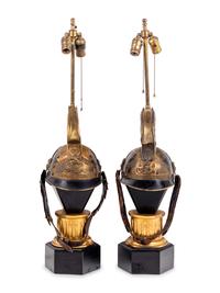 A Pair of Continental Parade Helmets Mounted as Lamps