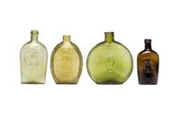 Four Molded Glass Amber and Green Flasks