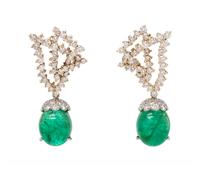 A Pair of 14 Karat Bicolor Gold, Emerald and Diamond Convertible Earclips, Jose Hess,