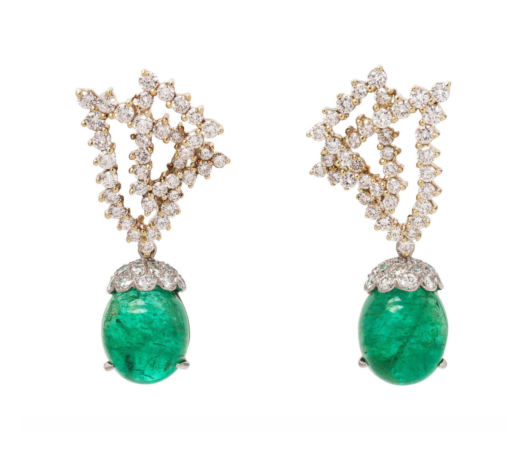 A Pair of 14 Karat Bicolor Gold, Emerald and Diamond Convertible Earclips, Jose Hess,