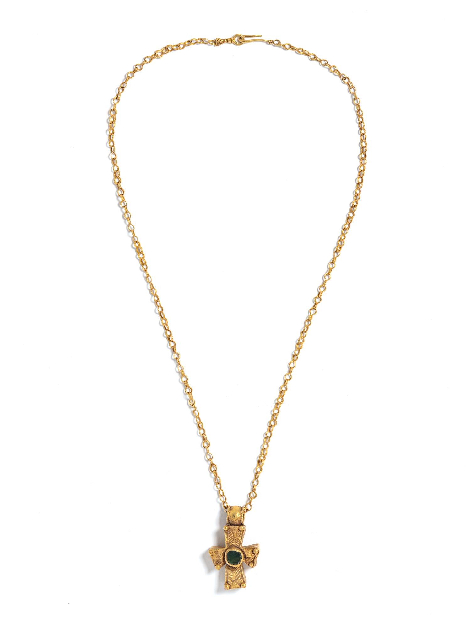 A Byzantine Gold and Green Glass Cross and Chain