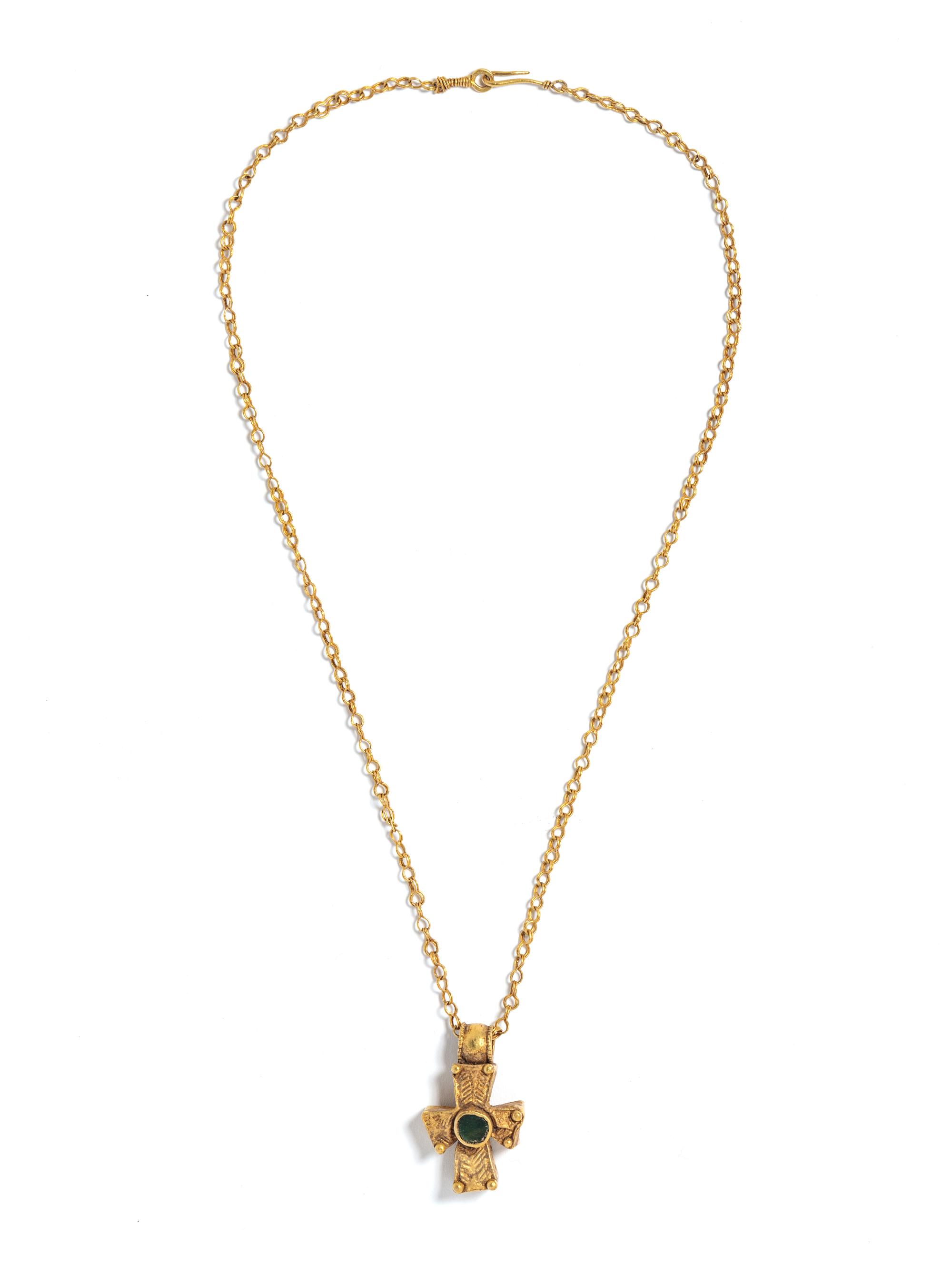 A Byzantine Gold and Green Glass Cross and Chain
