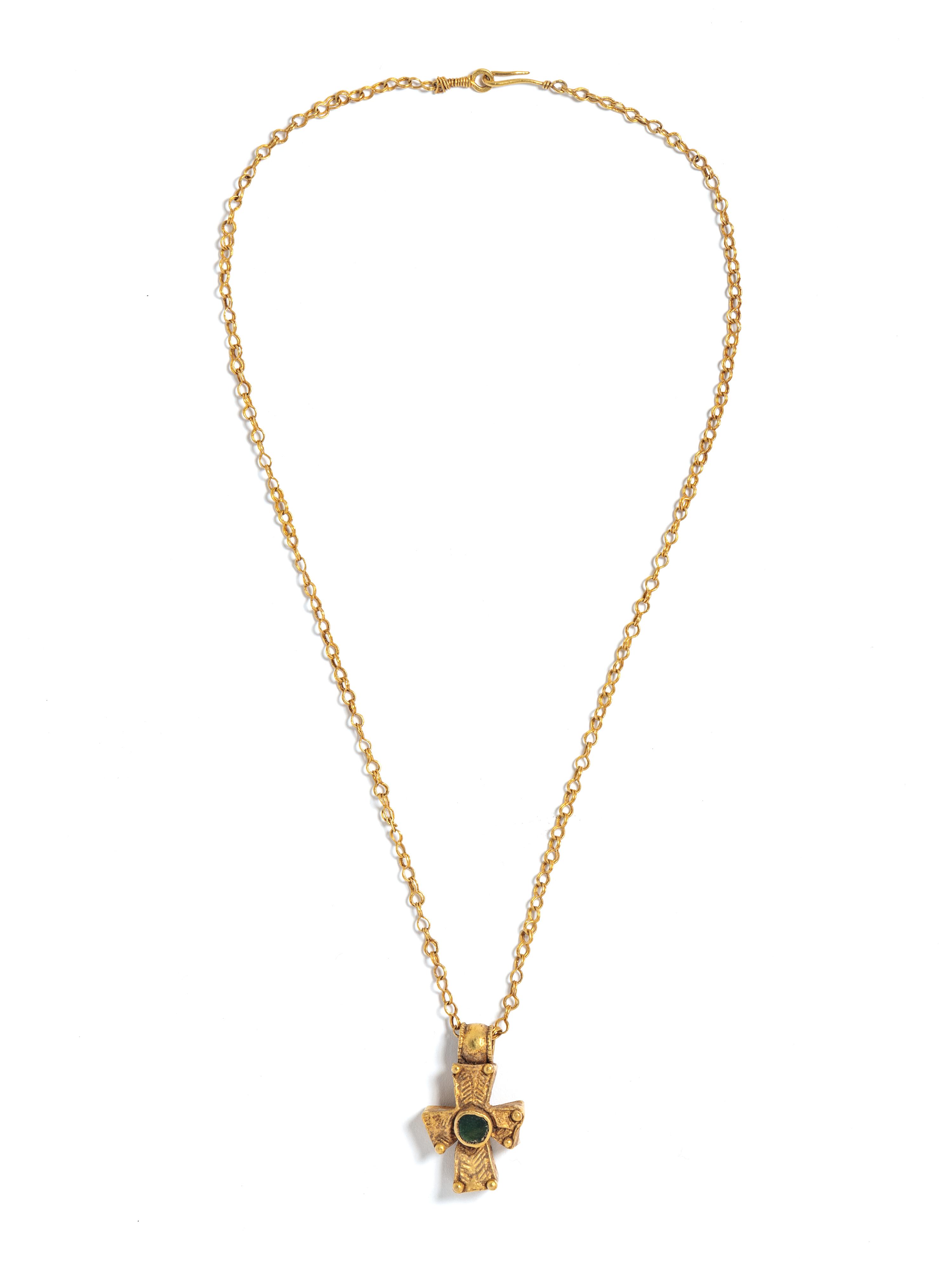 A Byzantine Gold and Green Glass Cross and Chain