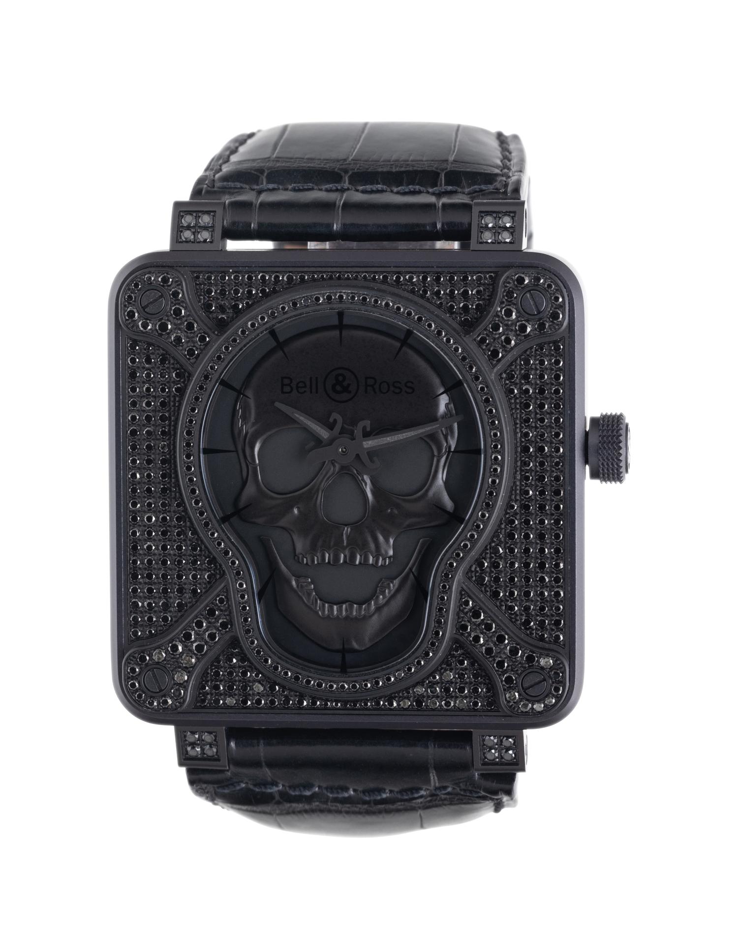 BELL & ROSS, STAINLESS STEEL 'BR 01 SKULL FULL BLACK DIAMOND' LIMITED EDITION PIECE UNIQUE-GLEN DE VRIES WATCH