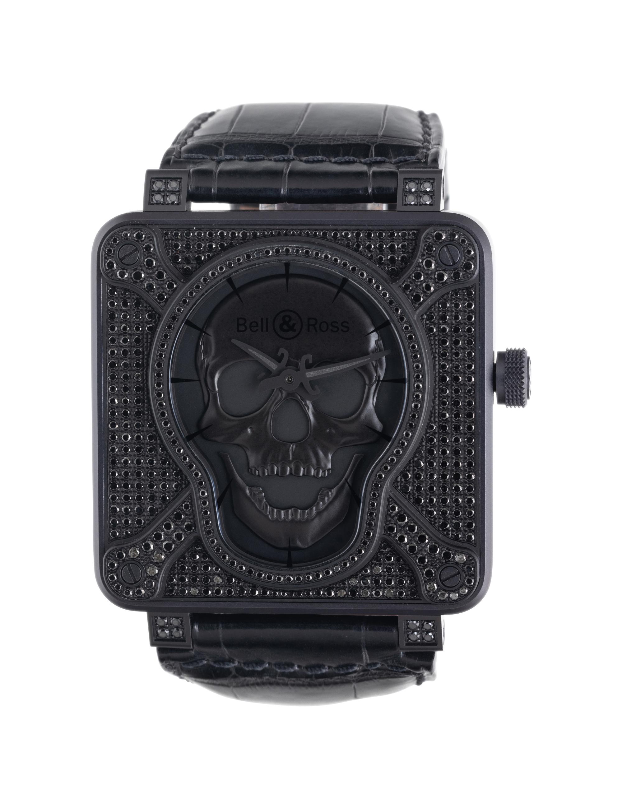 BELL & ROSS, STAINLESS STEEL 'BR 01 SKULL FULL BLACK DIAMOND' LIMITED EDITION PIECE UNIQUE-GLEN DE VRIES WATCH