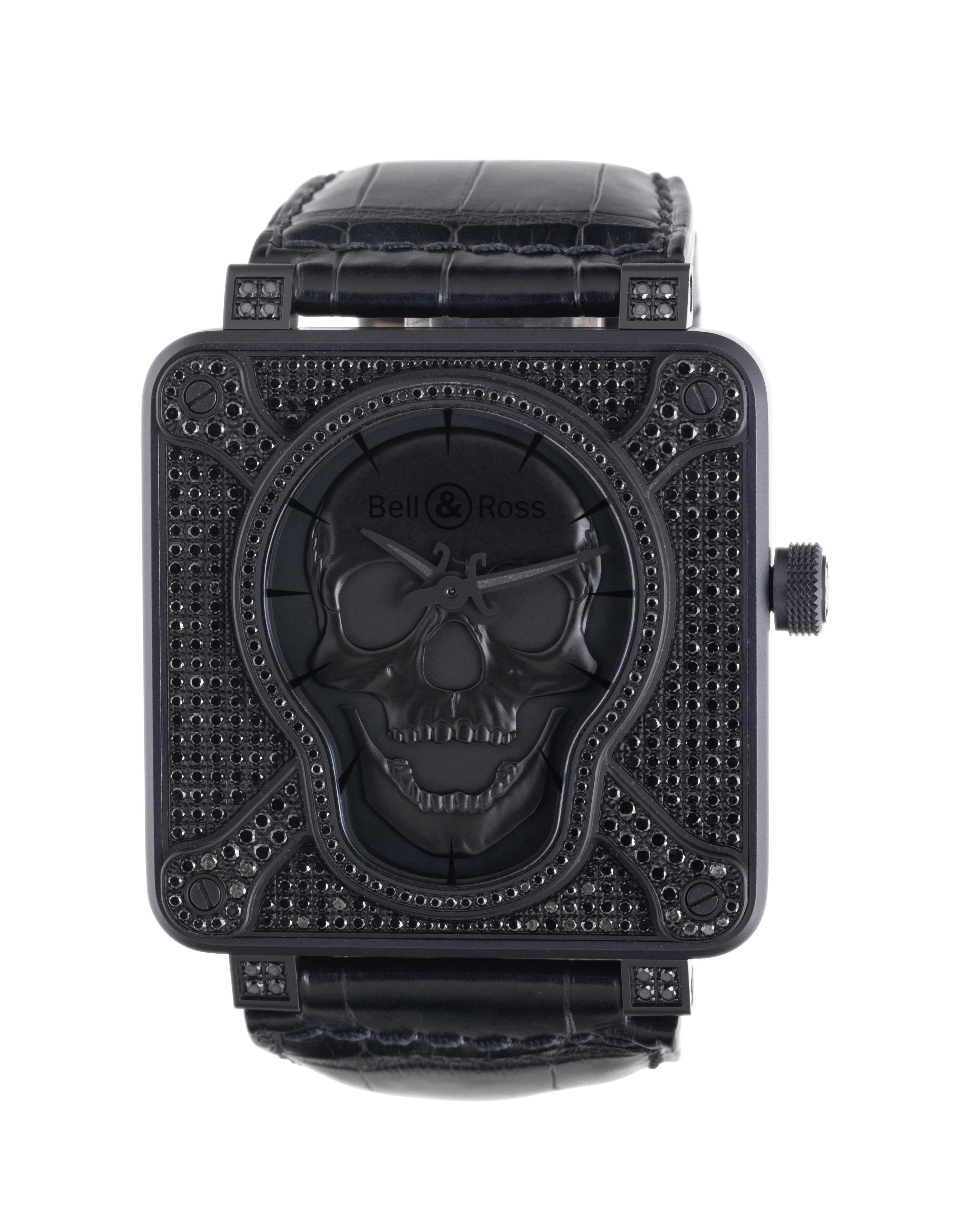 BELL & ROSS, STAINLESS STEEL 'BR 01 SKULL FULL BLACK DIAMOND' LIMITED EDITION PIECE UNIQUE-GLEN DE VRIES WATCH