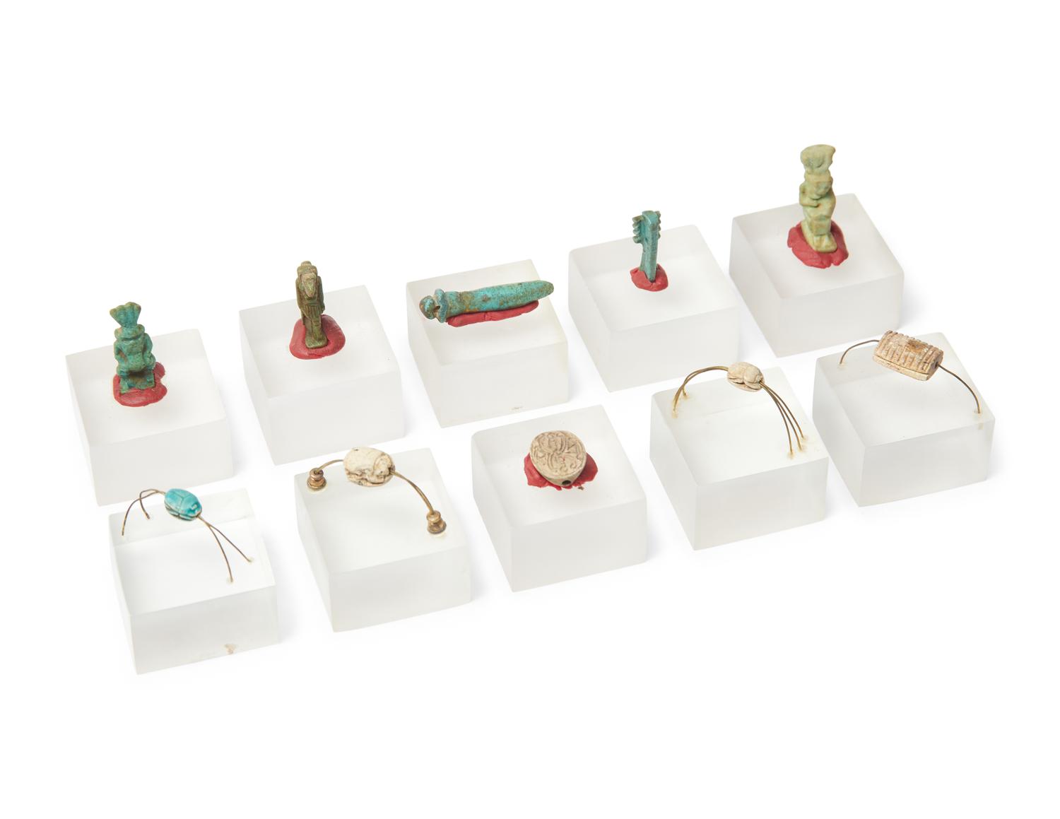 A Group of 10 Egyptian Faience Amulets and Scarabs