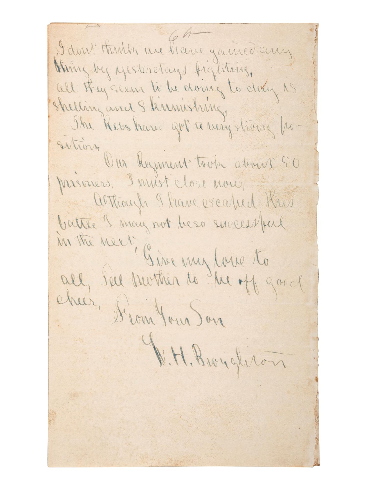 [CIVIL WAR]. Battle of Fredericksburg letter with sketched map of battle lines by Sgt. William H. Broughton, 16th Maine Infantry Regiment, POW at Weldon Railroad. "Camp on the Battle Field," 14 December 1862.