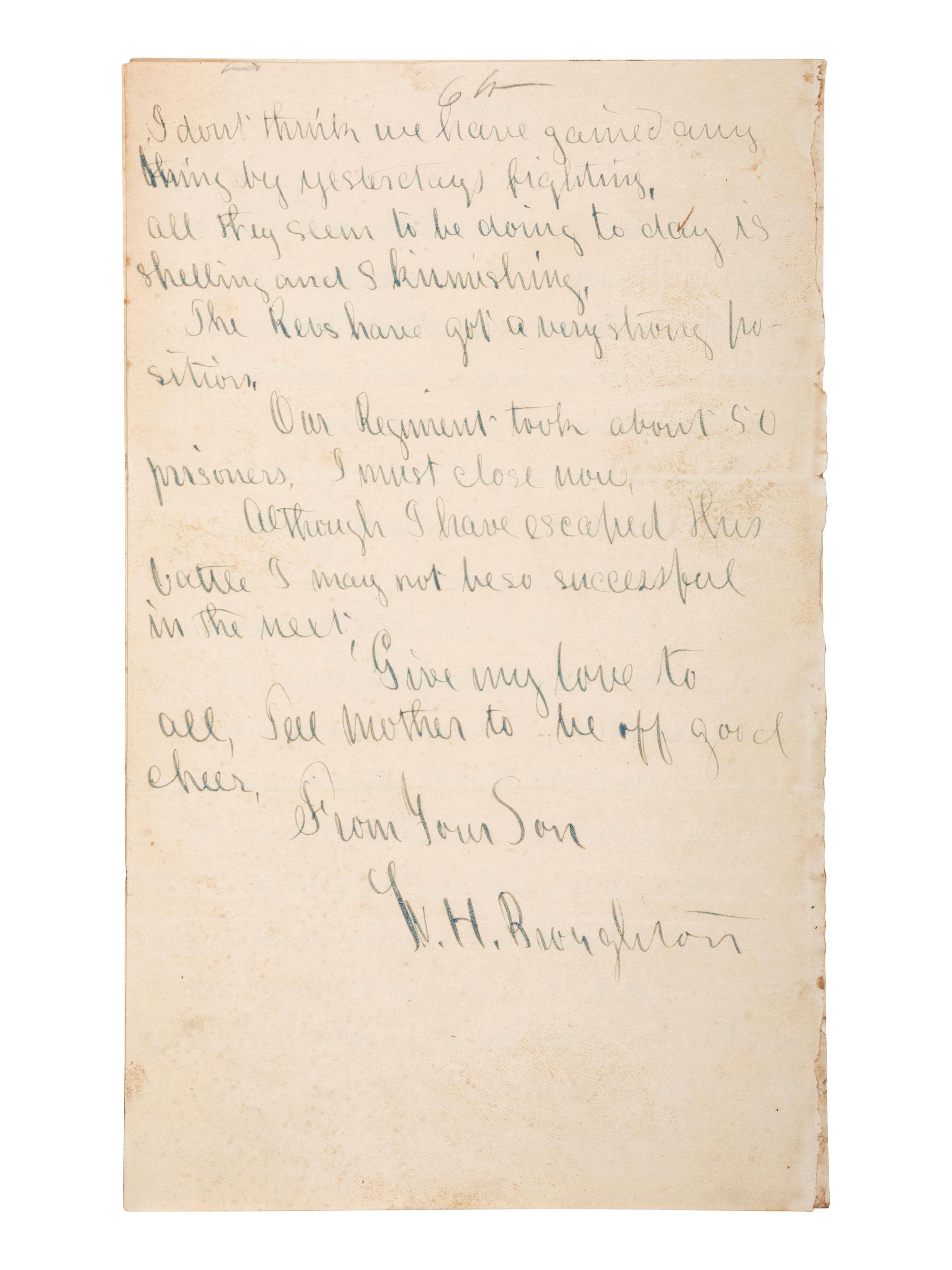 [CIVIL WAR]. Battle of Fredericksburg letter with sketched map of battle lines by Sgt. William H. Broughton, 16th Maine Infantry Regiment, POW at Weldon Railroad. "Camp on the Battle Field," 14 December 1862.