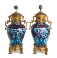 A Pair of Chinese Gilt Bronze Mounted Porcelain Fahua Vases Height 25 1/2 inches. — 19TH CENTURY