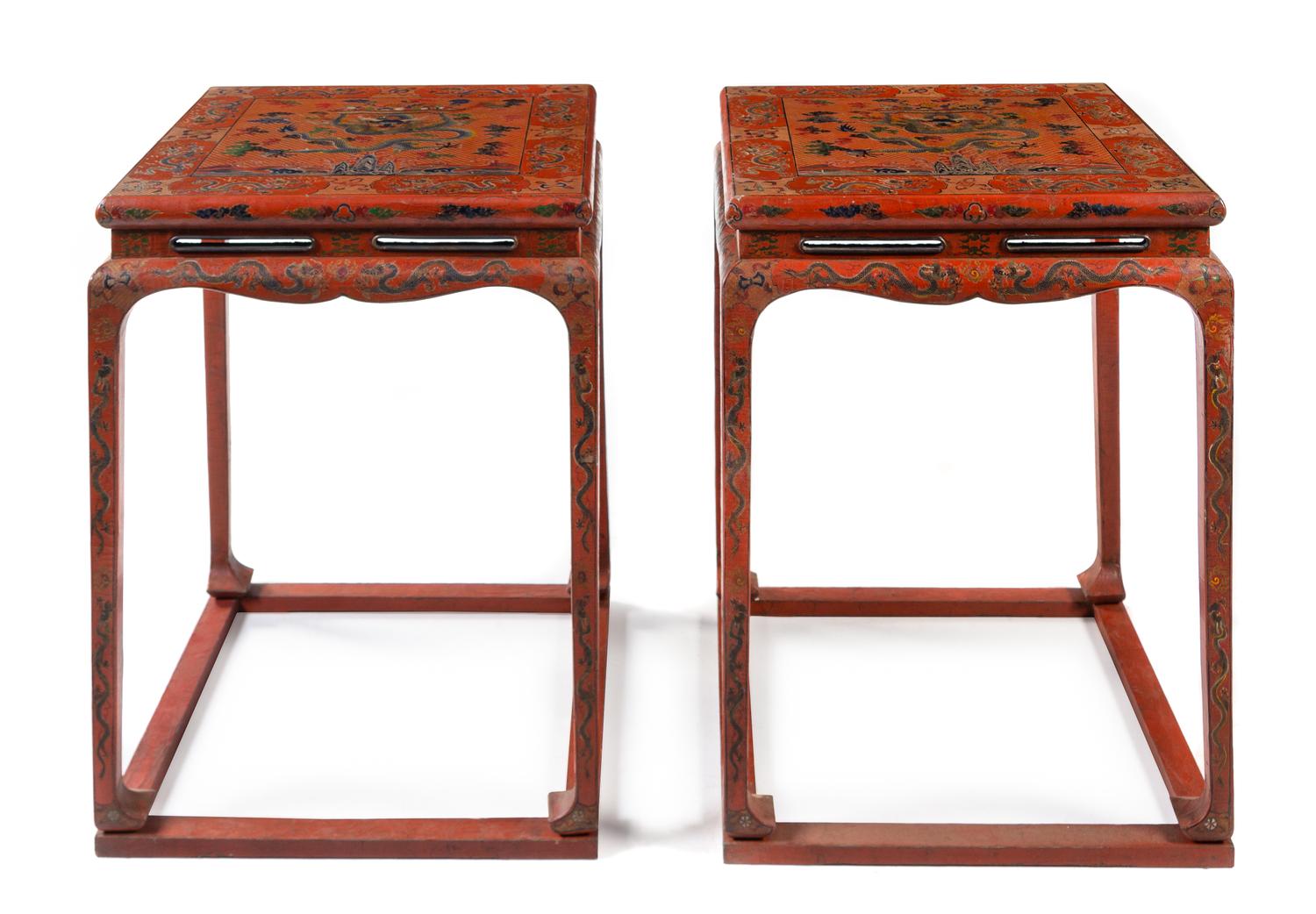 A Pair of Chinese Red and Polychrome Lacquered Square Side Tables Height 40 inches. — 20TH CENTURY
