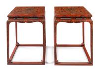 A Pair of Chinese Red and Polychrome Lacquered Square Side Tables Height 40 inches. — 20TH CENTURY