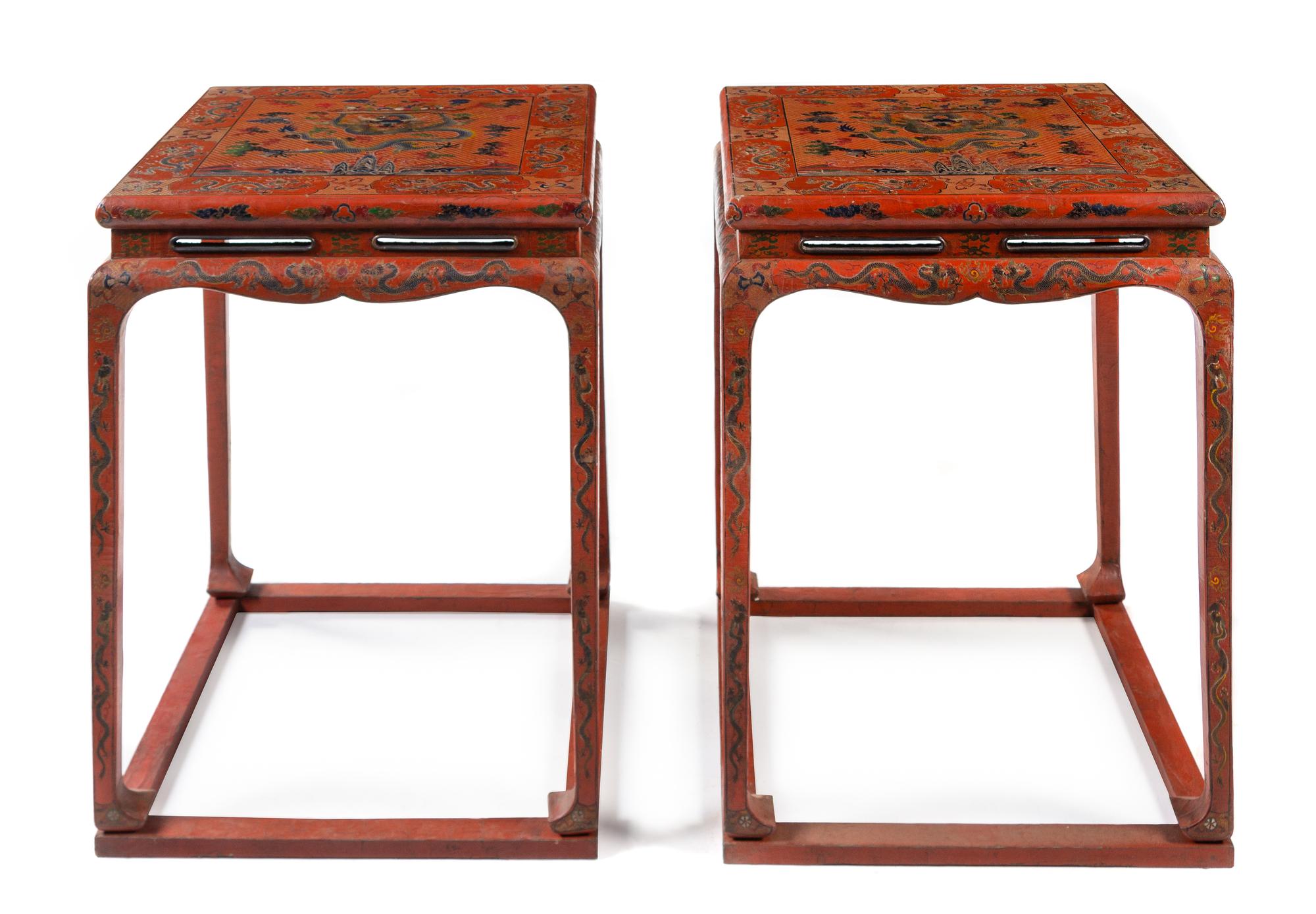 A Pair of Chinese Red and Polychrome Lacquered Square Side Tables Height 40 inches. — 20TH CENTURY