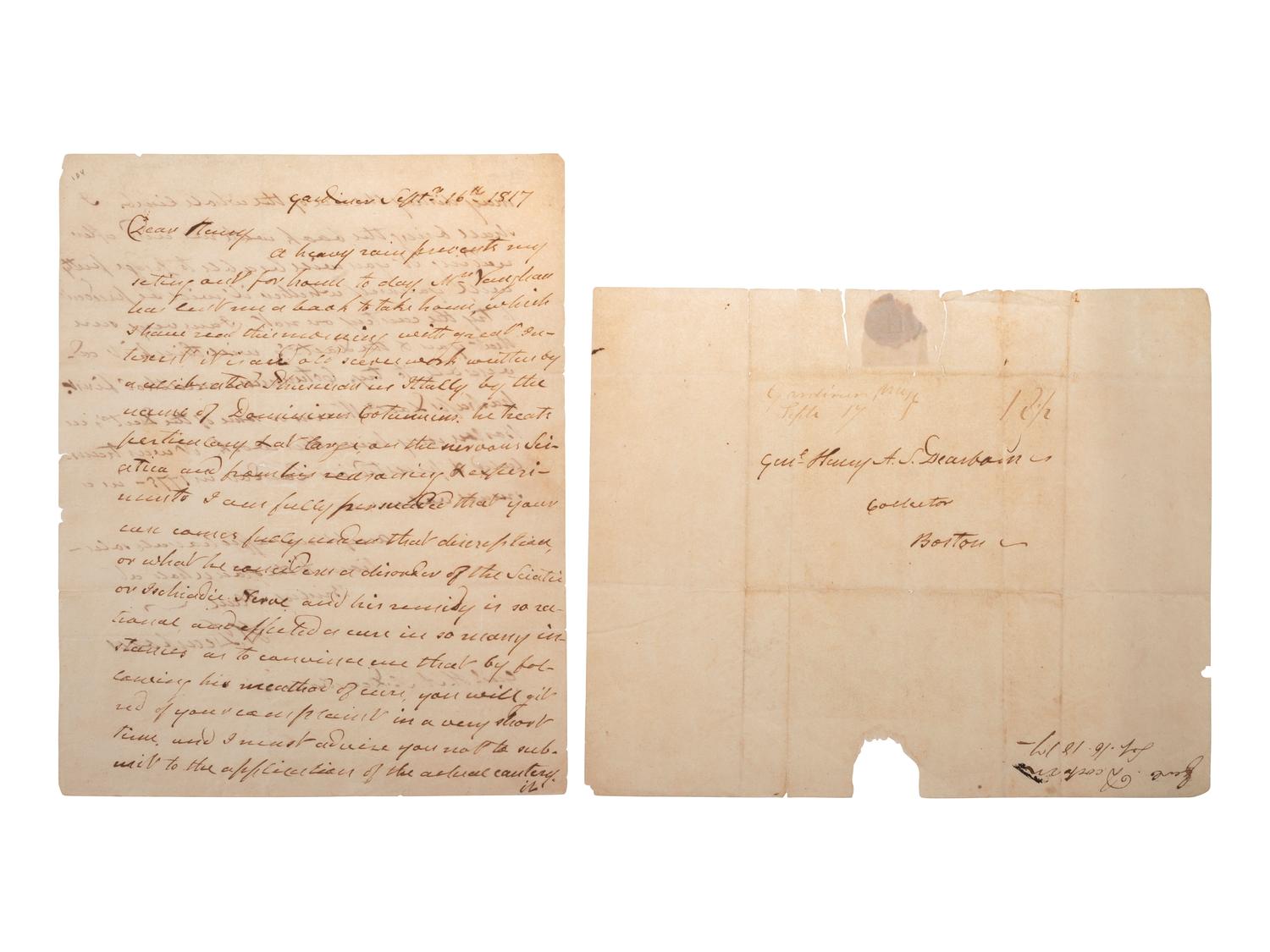 DEARBORN, Henry (1751-1829). Autograph letter signed ("H. Dearborn"), in which Dearborn advises his son on the treatment of sciatica. Gardiner, 16 September 1817.