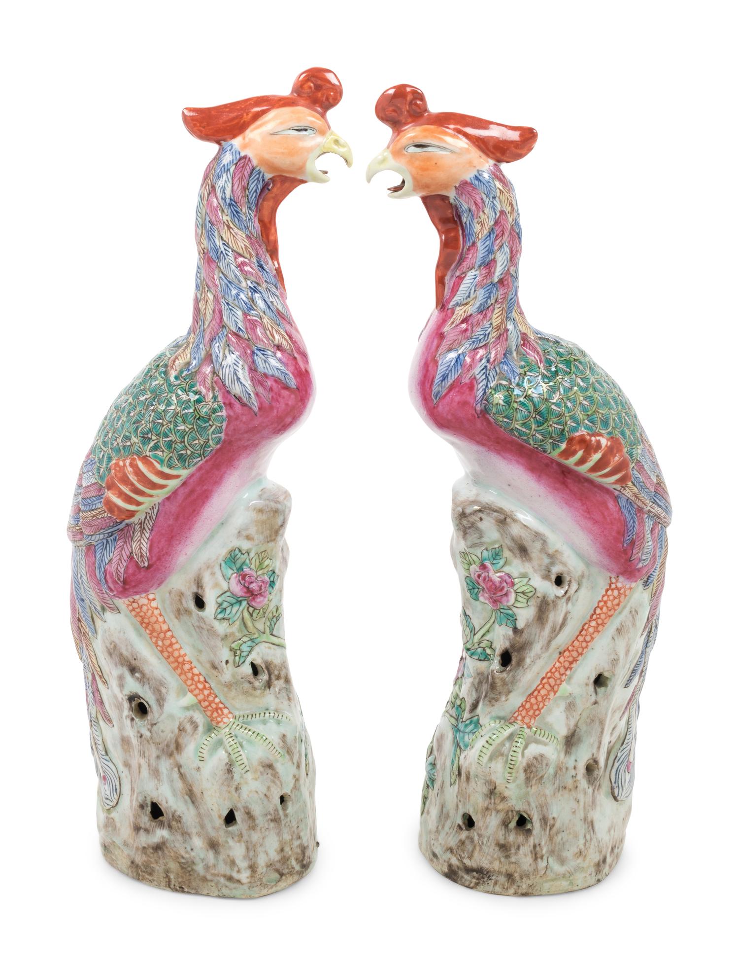 A Pair of Chinese Enameled Porcelain Phoenix Birds