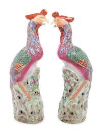 A Pair of Chinese Enameled Porcelain Phoenix Birds