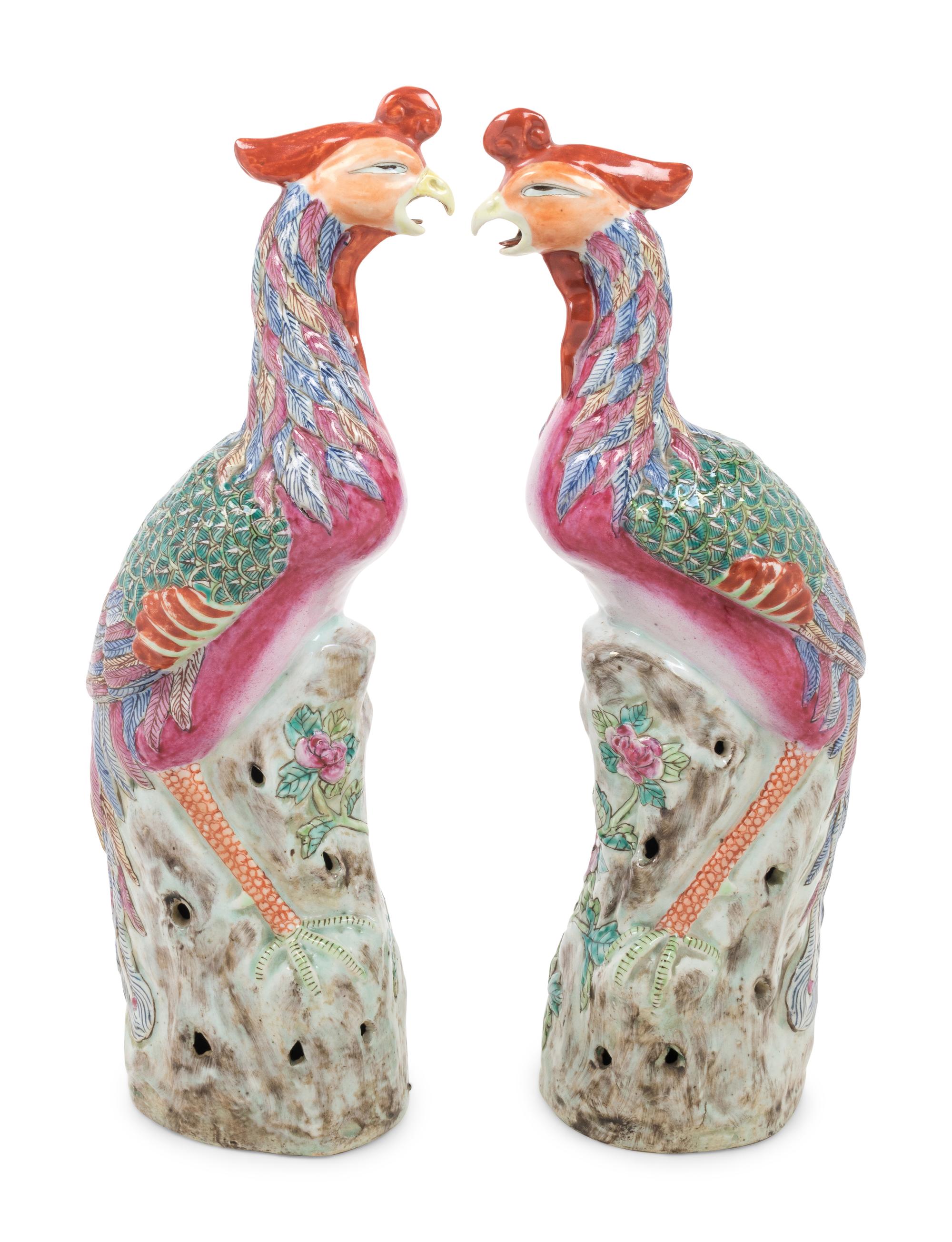 A Pair of Chinese Enameled Porcelain Phoenix Birds