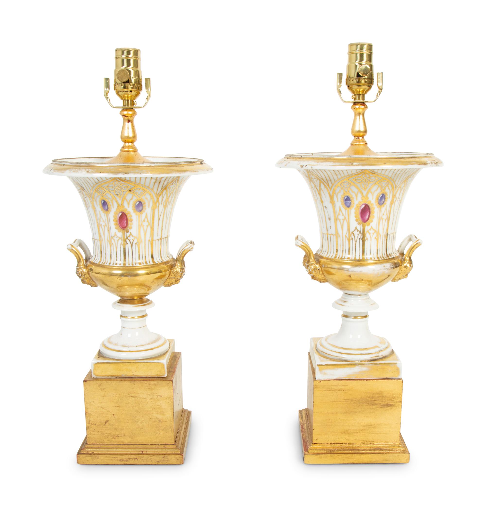 A Pair of Paris Porcelain Urns Mounted as Lamps — LATE 19TH/EARLY 20TH CENTURY