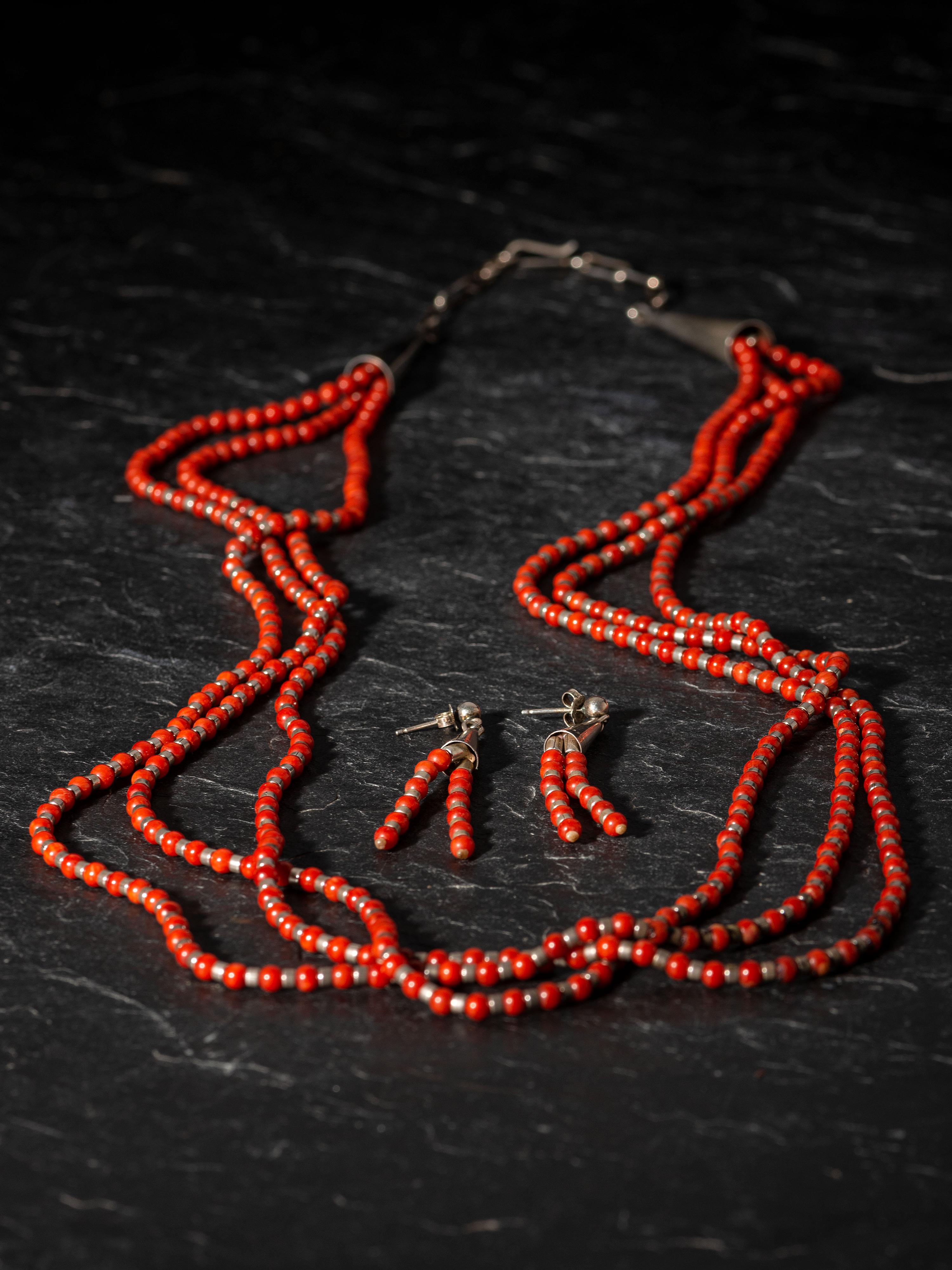 Three-strand Red Coral and Silver Necklace, PLUS Matching Post Earrings
