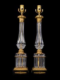 A Pair of Empire Style Gilt Metal Mounted Glass Table Lamps