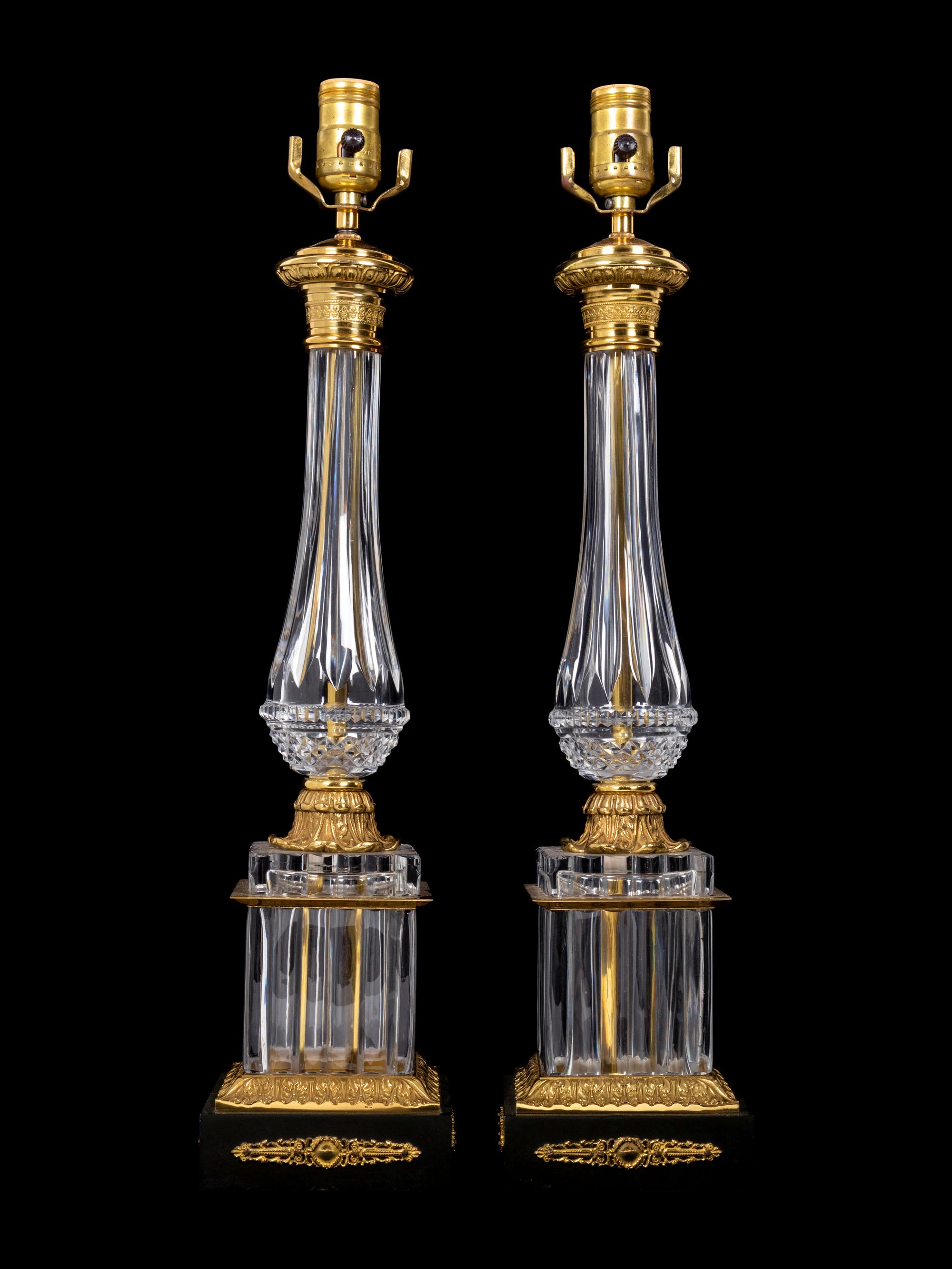A Pair of Empire Style Gilt Metal Mounted Glass Table Lamps