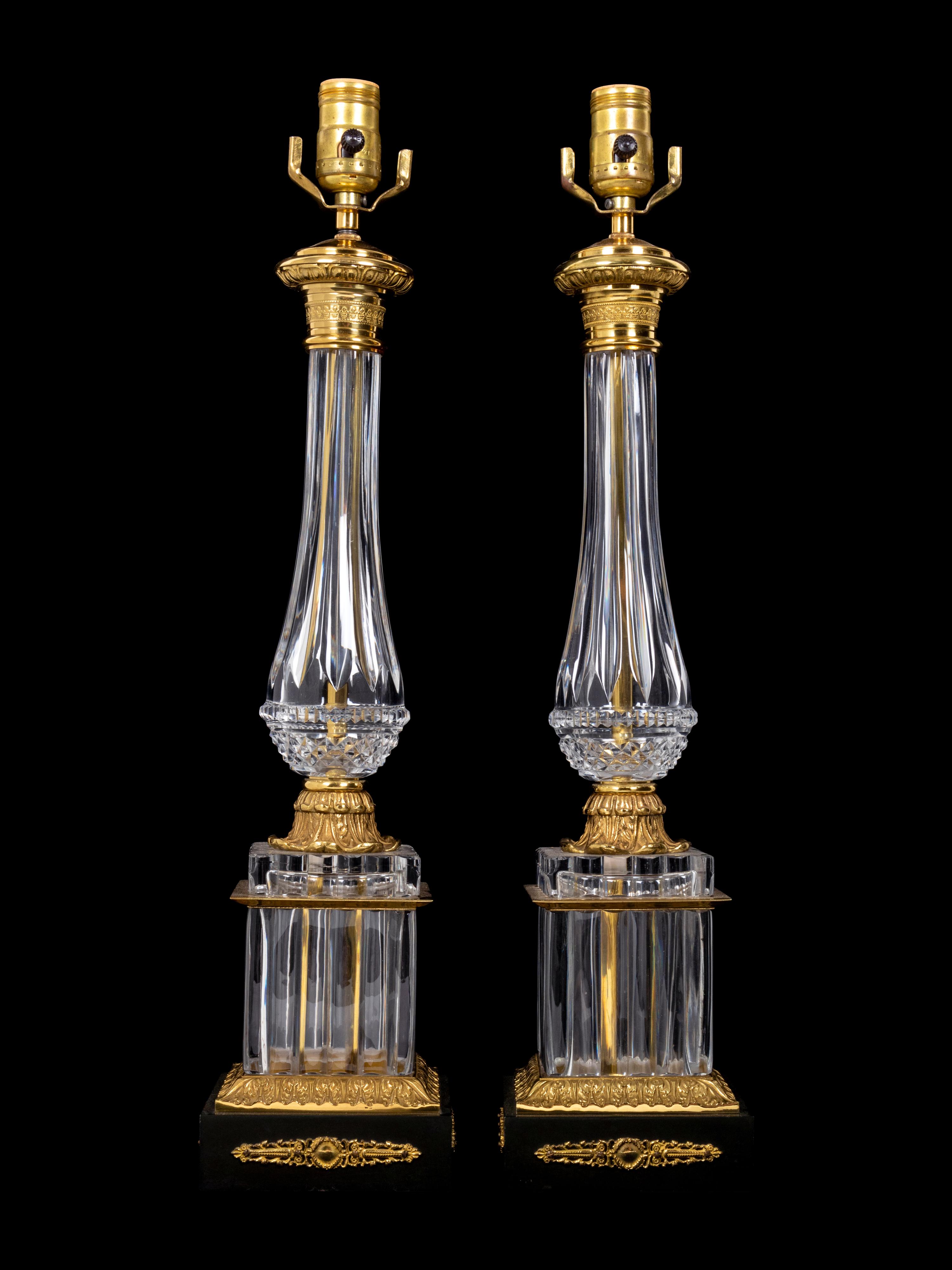 A Pair of Empire Style Gilt Metal Mounted Glass Table Lamps