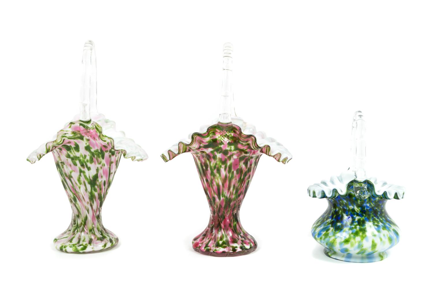 Three Speckled Glass Baskets, likely Fenton Height of tallest 10 1/2 inches
