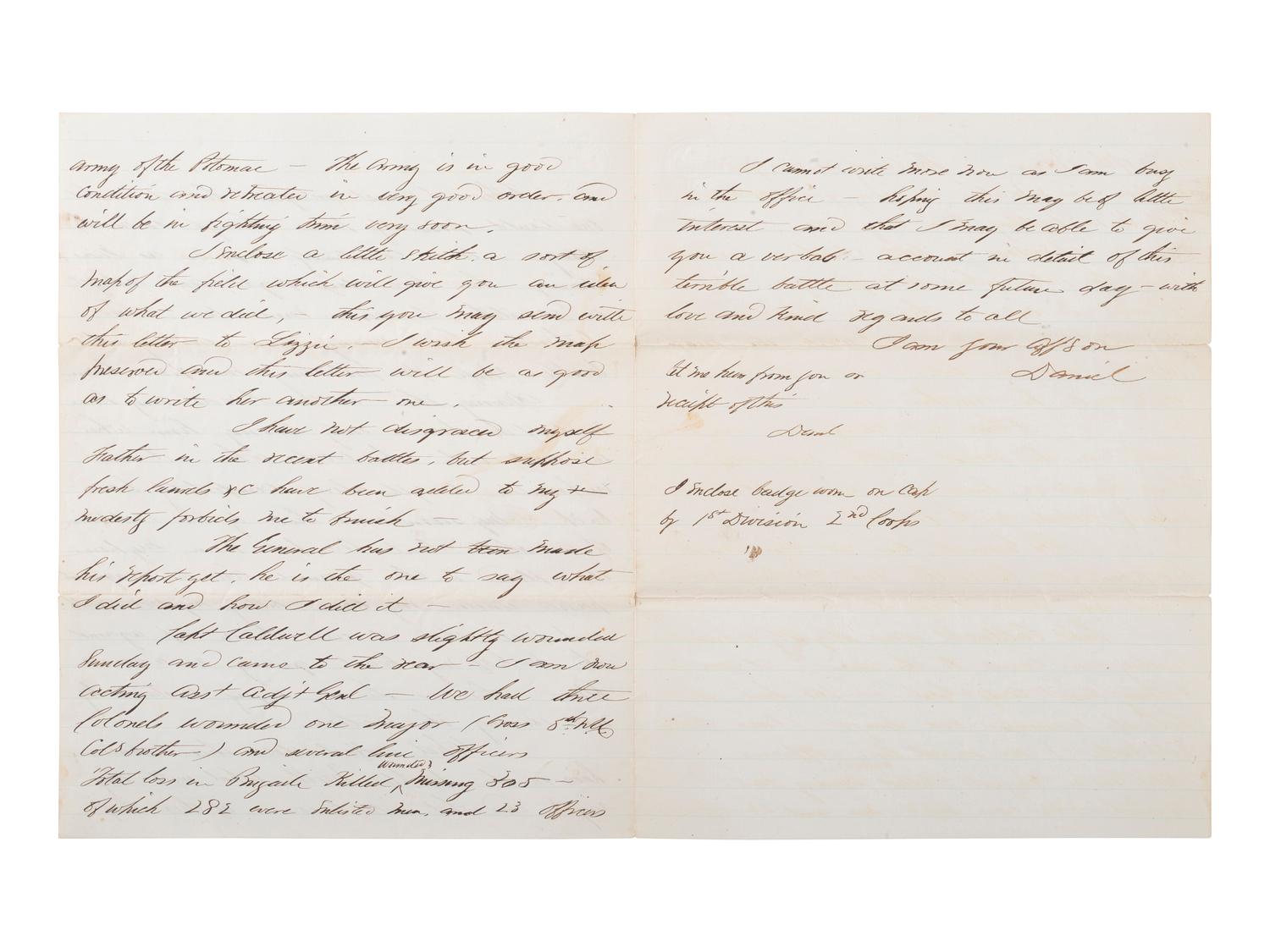 [CIVIL WAR]. Battle of Chancellorsville letter with hand-drawn map of the battlefield, written 5 days after the battle by First Lieutenant Daniel K. Cross, 5th New Hampshire Infantry. "Camp near Falmouth Va," 8 May 1863.