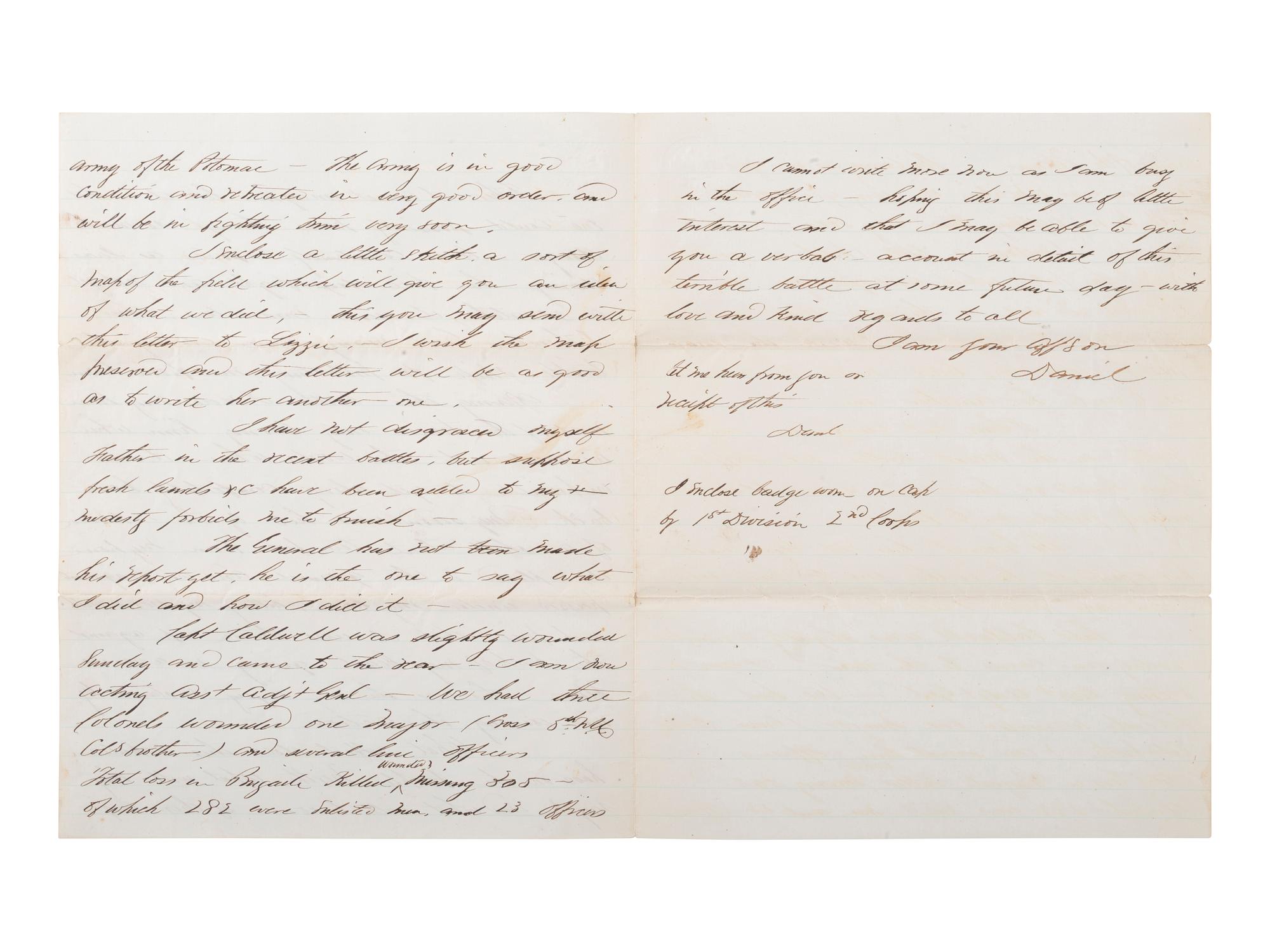 [CIVIL WAR]. Battle of Chancellorsville letter with hand-drawn map of the battlefield, written 5 days after the battle by First Lieutenant Daniel K. Cross, 5th New Hampshire Infantry. "Camp near Falmouth Va," 8 May 1863.