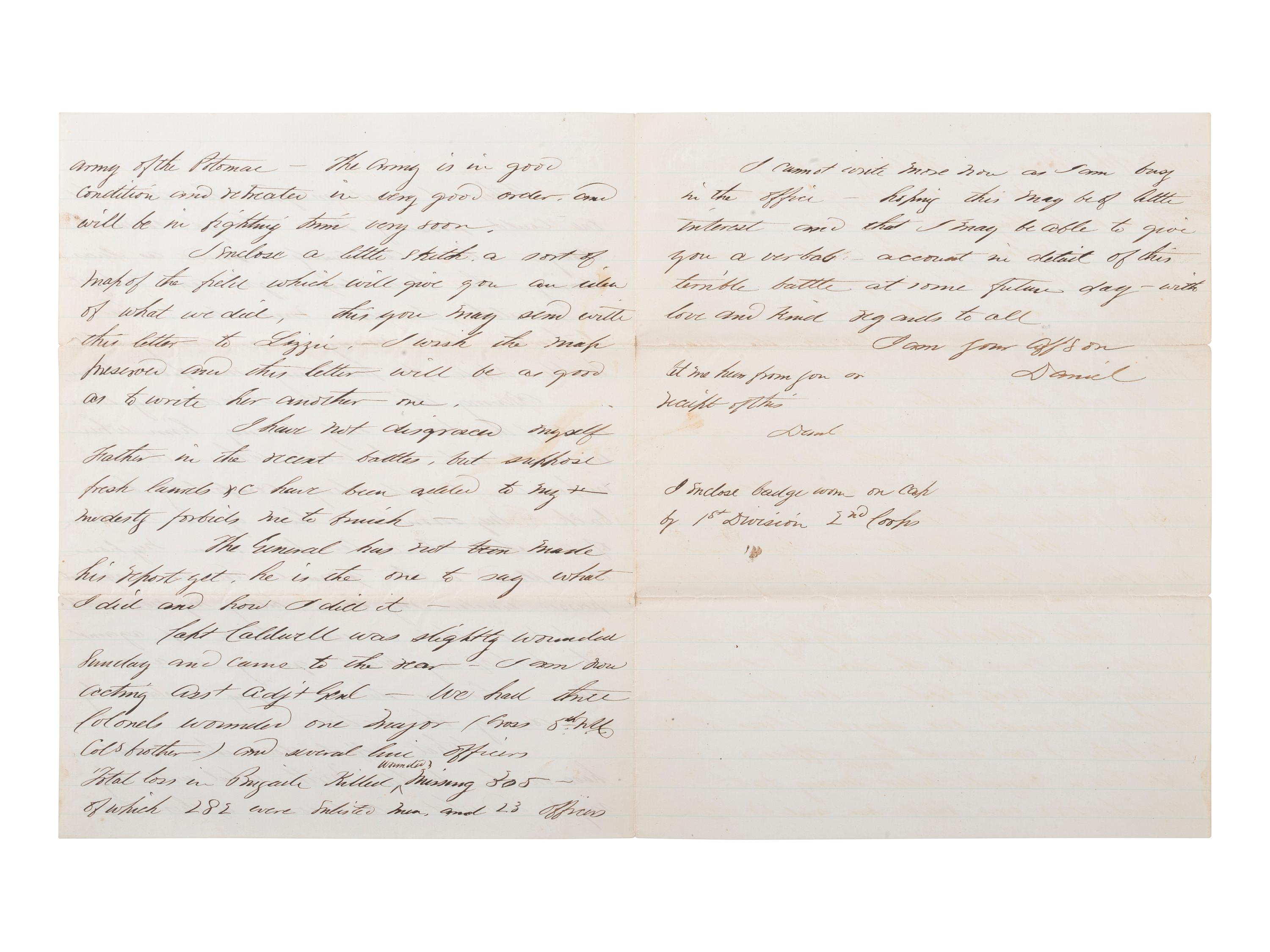 [CIVIL WAR]. Battle of Chancellorsville letter with hand-drawn map of the battlefield, written 5 days after the battle by First Lieutenant Daniel K. Cross, 5th New Hampshire Infantry. "Camp near Falmouth Va," 8 May 1863.