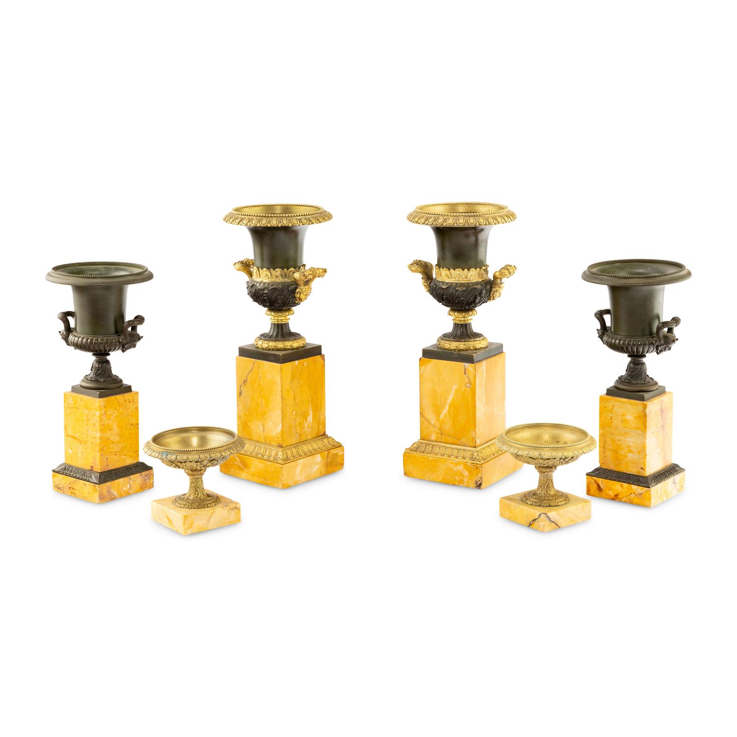 Three Pairs of Gilt and Patinated Bronze and Marble Urns