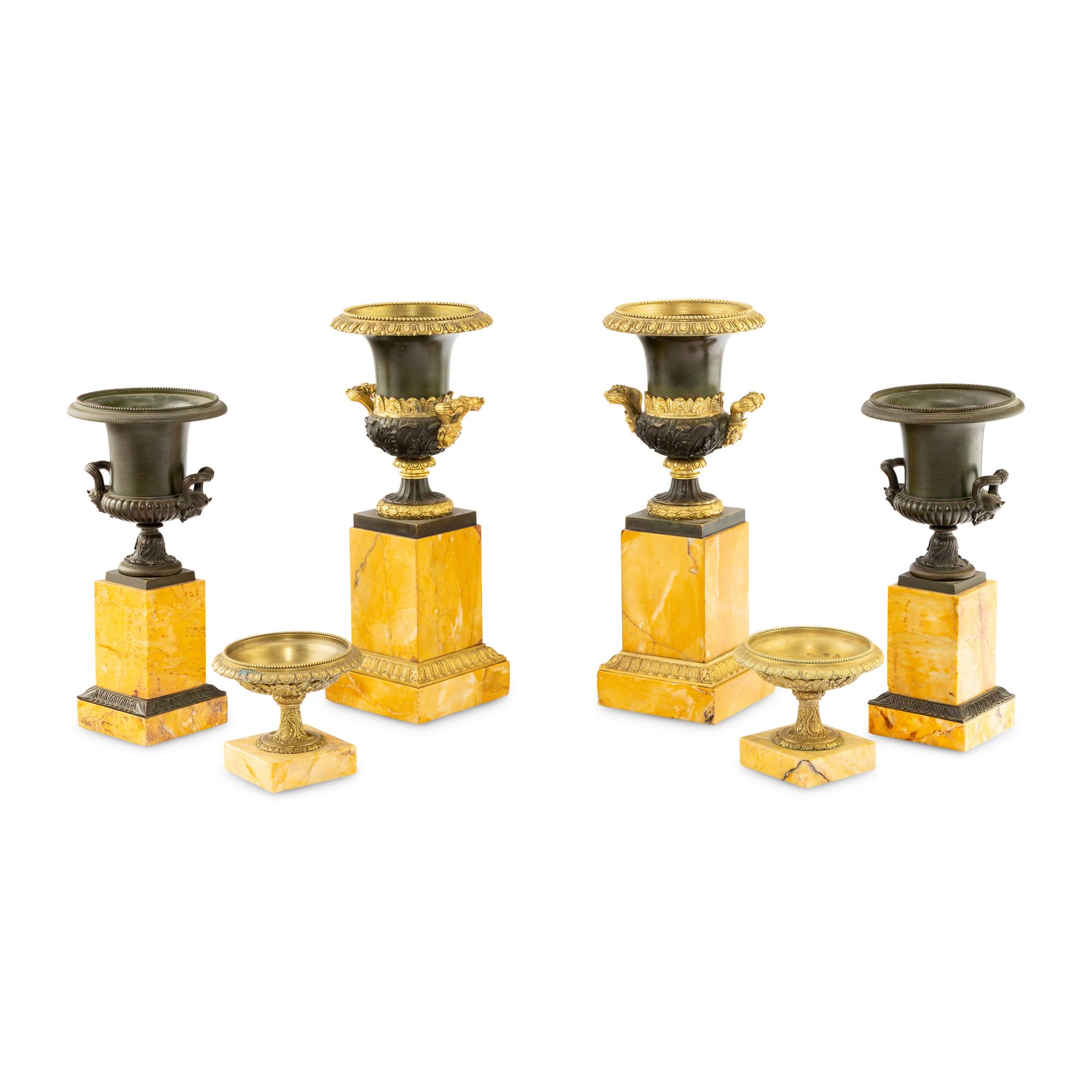 Three Pairs of Gilt and Patinated Bronze and Marble Urns