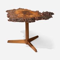 George Nakashima (American, 1905-1990) Exceptional English Oak Burl Pedestal End Table, New Hope, Pennsylvania, 1967