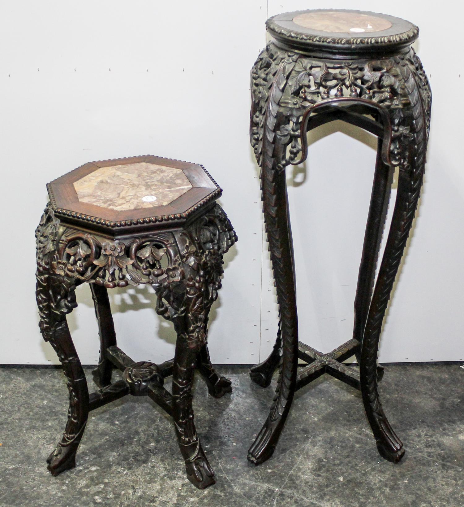 A Pair of Carved Chinese Hardwood Tall Plant Stands Height 36 inches. — EARLY 20TH CENTURY