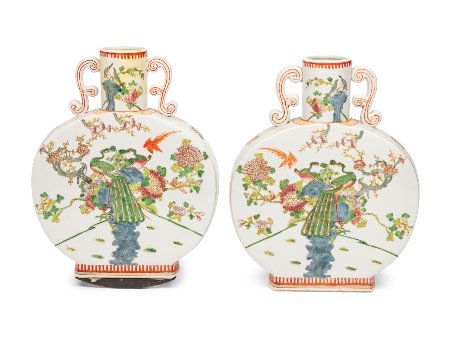 A Pair of Chinese Export Polychrome Decorated Porcelain Moon Flasks