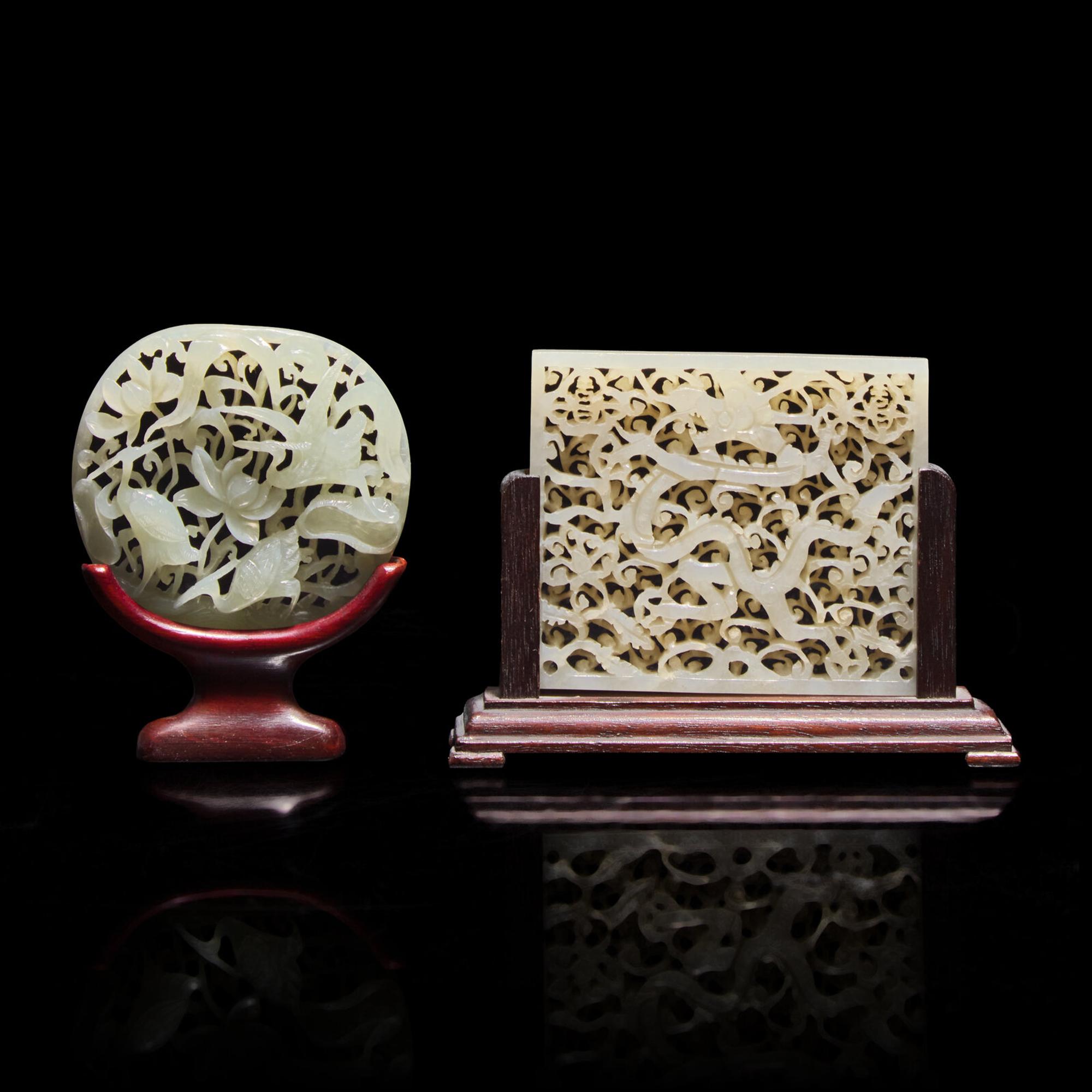 Two Chinese Reticulated Jade Plaques, Ming-Qing Dynasty — 明-清 鏤雕玉牌兩枚